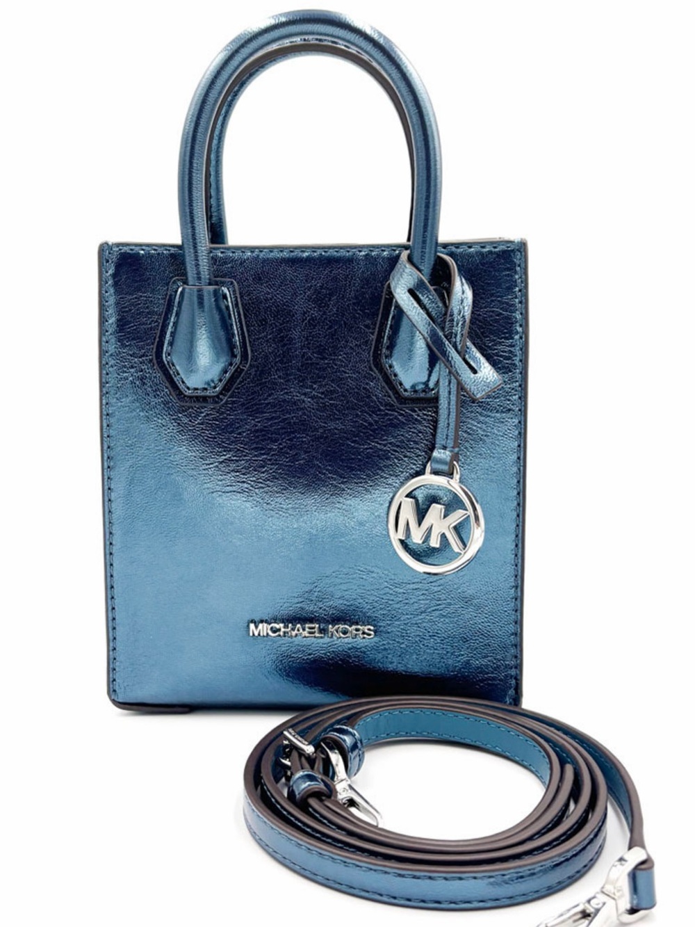 Michael Kors XS Mercer Metallic Navy Blue leather Mini Satchel crossbody NWOT - Picture 5 of 16